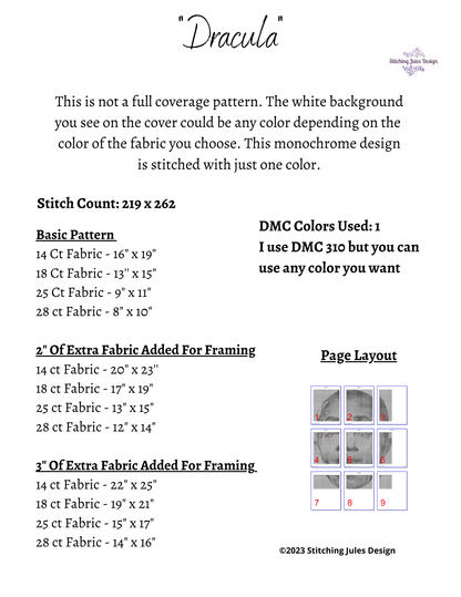 Stitching Jules Design Cross Stitch Pattern Dracula Horror Halloween Cross Stitch Pattern Monochrome Instant PDF Download