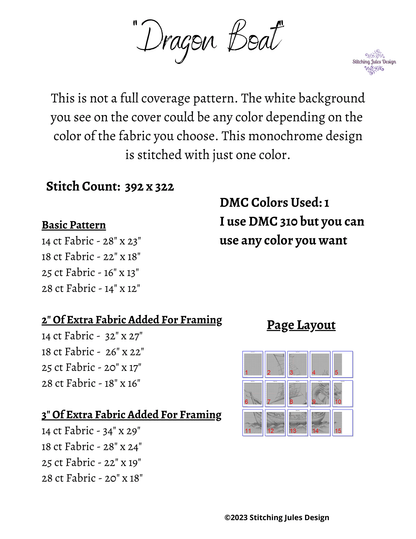 Stitching Jules Design Cross Stitch Pattern Dragon Boat Monochrome Cross Stitch Pattern Instant PDF Download