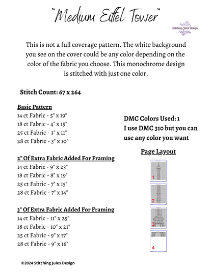 Stitching Jules Design Cross Stitch Pattern Eiffel Tower Medium Monochrome Counted Cross-Stitch Pattern | Instant Download PDF