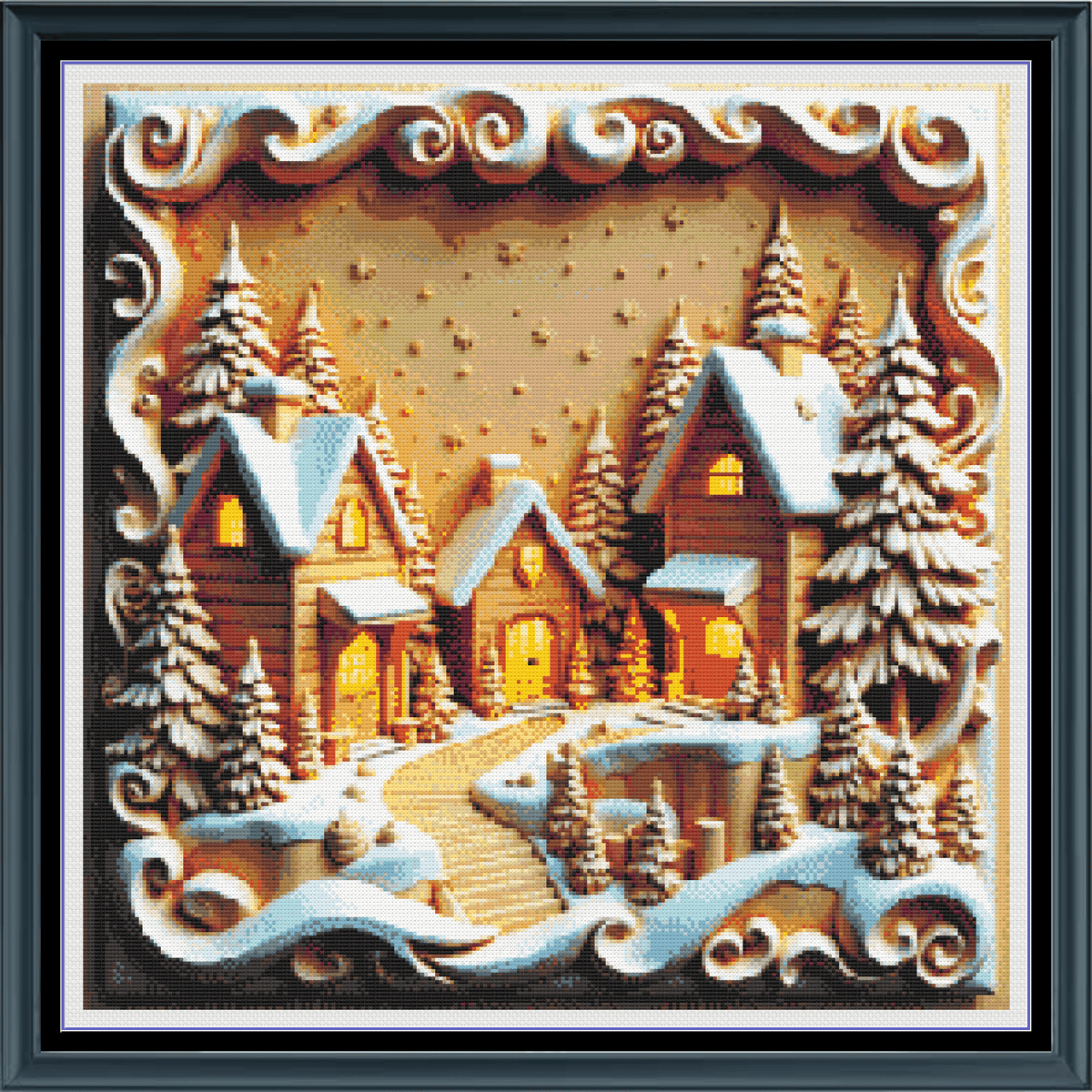 Engraved Village Winter Snow Counted Cross-Stitch Pattern (Digital Dow ...