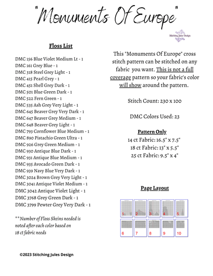 Stitching Jules Design Cross Stitch Pattern Europe Cross Stitch Pattern | European Landmarks | Eiffel Tower | Coliseum | Cross Stitch Pattern | PDF Download