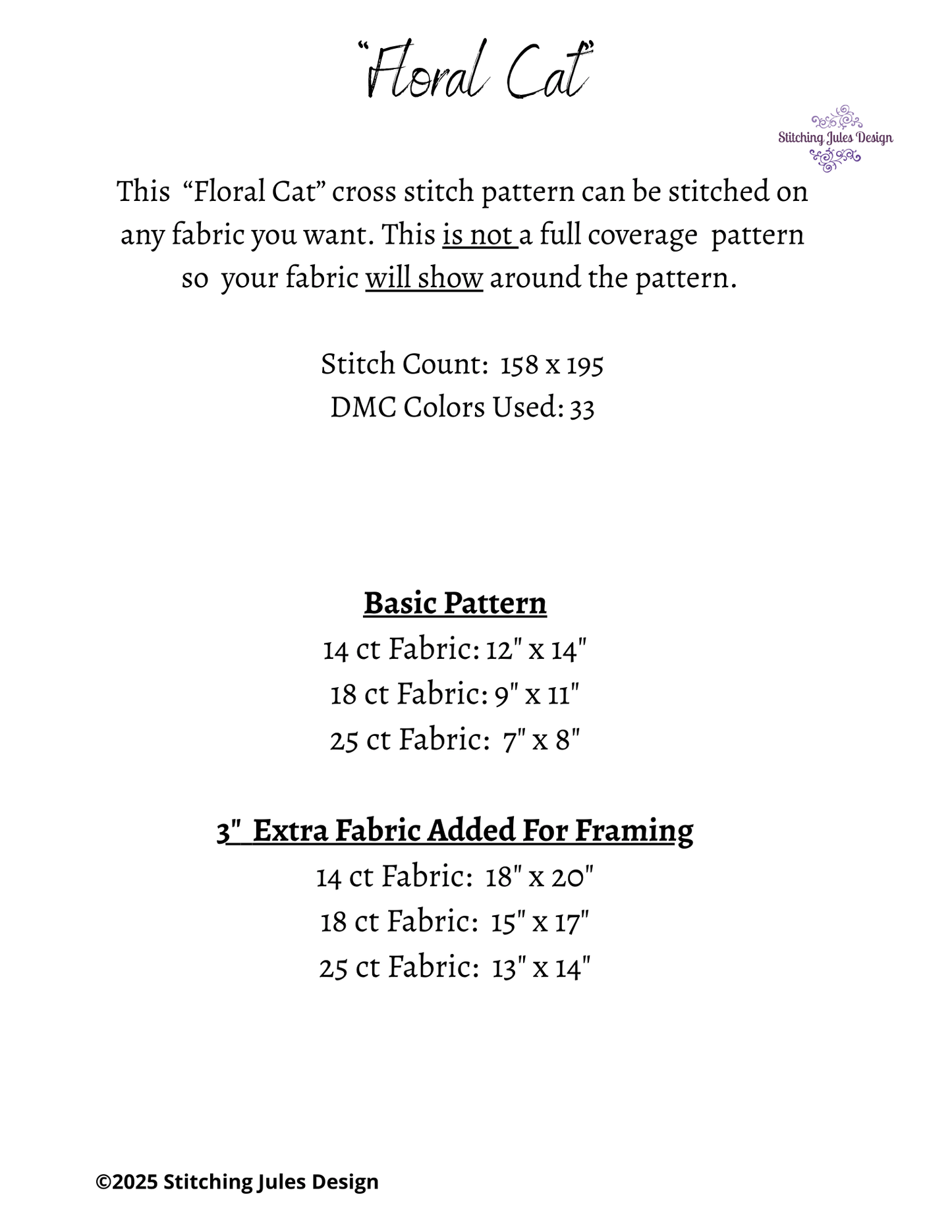 Stitching Jules Design Cross Stitch Pattern Floral Cat Flowers Feline Counted Cross-Stitch Pattern (Digital Download)