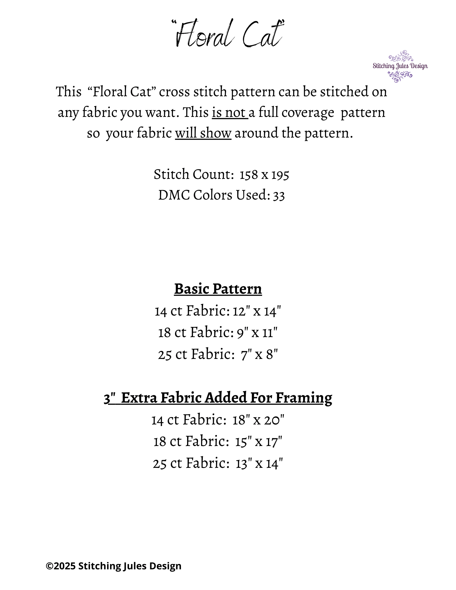 Stitching Jules Design Cross Stitch Pattern Floral Cat Flowers Feline Counted Cross-Stitch Pattern (Digital Download)