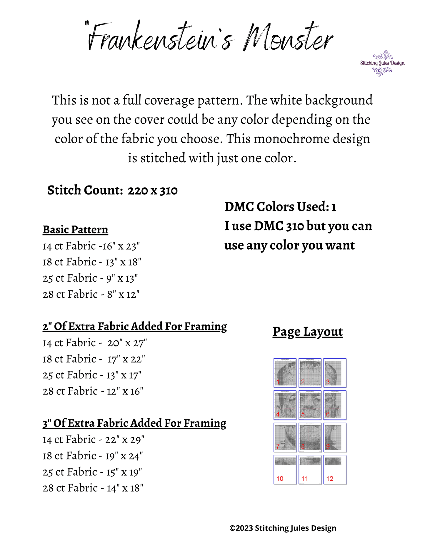 Stitching Jules Design Cross Stitch Pattern Frankenstein Monster Classic Horror Monochrome Cross Stitch Pattern Instant PDF Download