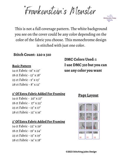 Stitching Jules Design Cross Stitch Pattern Frankenstein Monster Classic Horror Monochrome Cross Stitch Pattern Instant PDF Download
