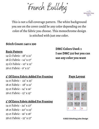 Stitching Jules Design Cross Stitch Pattern French Bulldog Monochrome Cross Stitch Embroidery Needlepoint Pattern PDF Download