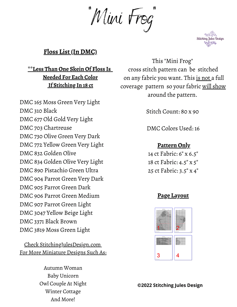 Stitching Jules Design Cross Stitch Pattern Frog Cross Stitch Pattern | Mini Small Cross Stitch Pattern | Physical Or PDF Instant Download Pattern Options