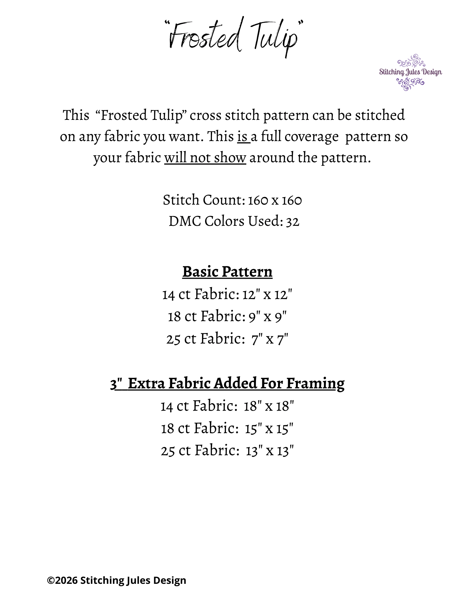 Stitching Jules Design Cross Stitch Pattern Frosted Tulip Winter Flower Full Coverage Counted Cross-Stitch Pattern (Digital Download)