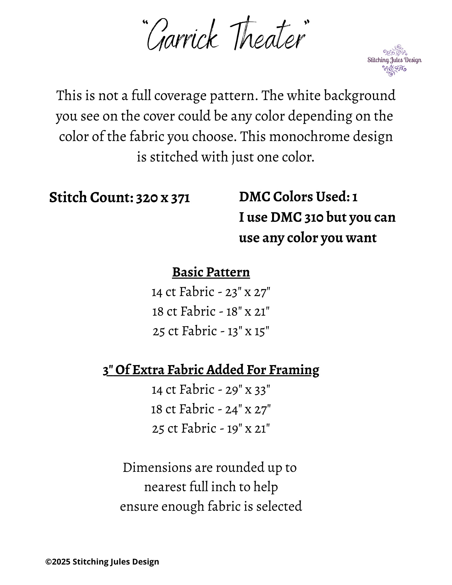 Stitching Jules Design Cross Stitch Pattern Garrick Theater Chicago Architecture Monochrome Counted Cross-Stitch Pattern (Digital Download)