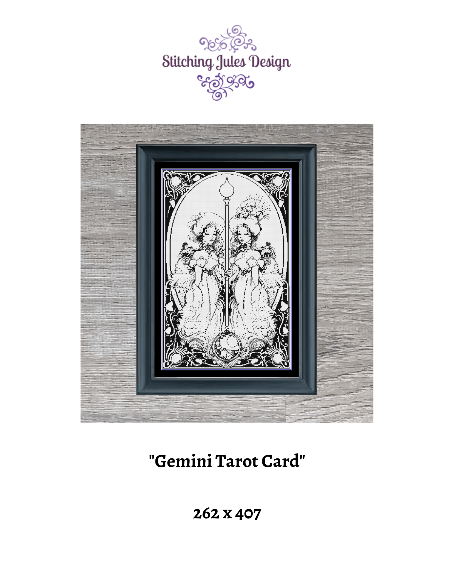 Stitching Jules Design Cross Stitch Pattern Gemini Tarot Card Zodiac Sign Monochrome Counted Cross Stitch Pattern | Blackwork Pattern | Instant Download PDF