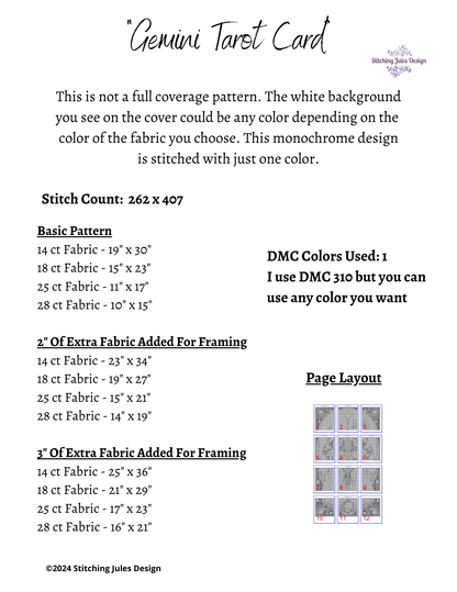 Stitching Jules Design Cross Stitch Pattern Gemini Tarot Card Zodiac Sign Monochrome Counted Cross Stitch Pattern | Blackwork Pattern | Instant Download PDF
