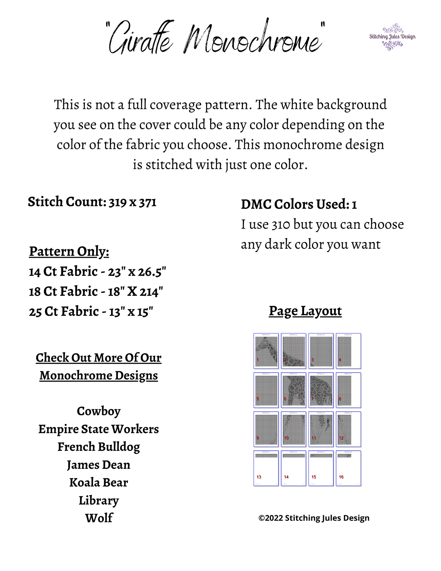 Stitching Jules Design Cross Stitch Pattern Giraffe Cross Stitch Pattern | Animal Cross Stitch Pattern | Blackwork | Instant PDF Download And Physical Pattern Options