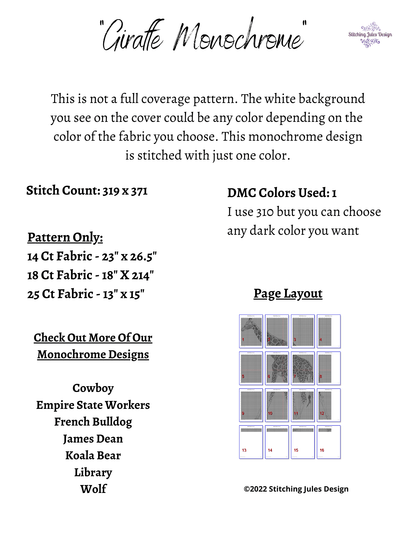 Stitching Jules Design Cross Stitch Pattern Giraffe Cross Stitch Pattern | Animal Cross Stitch Pattern | Blackwork | Instant PDF Download And Physical Pattern Options