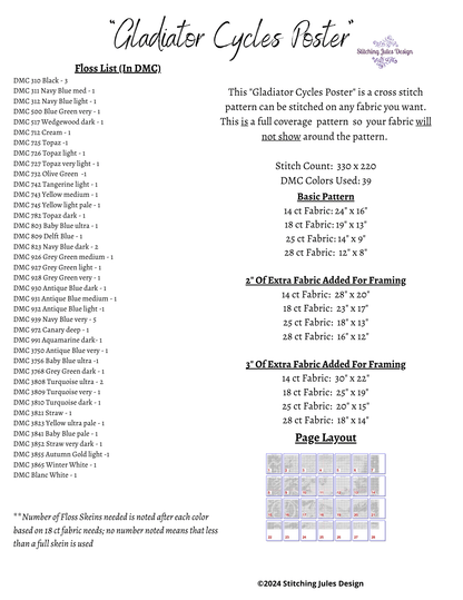 Stitching Jules Design Cross Stitch Pattern Gladiator Cycles Poster French Vintage Counted Cross-Stitch Pattern | Instant Download PDF