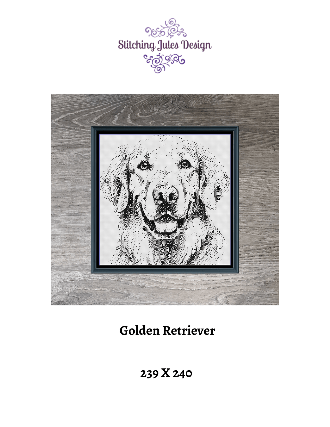 Stitching Jules Design Cross Stitch Pattern Golden Retriever Monochrome