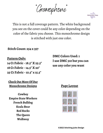 Stitching Jules Design Cross Stitch Pattern Gramophone Cross Stitch Pattern | Record Player Cross Stitch Pattern | Blackwork Cross Stitch Pattern | Physical And Digital PDF Download Pattern Options