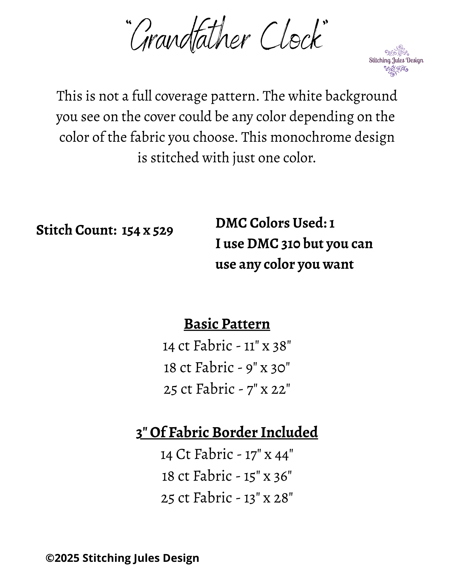 Stitching Jules Design Cross Stitch Pattern Grandfather Clock Vintage Monochrome Counted Cross-Stitch Pattern (Digital Download)