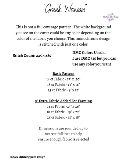 Stitching Jules Design Cross Stitch Pattern Greek Statue Woman Athena Monochrome Counted Cross-Stitch Pattern (Digital Download)