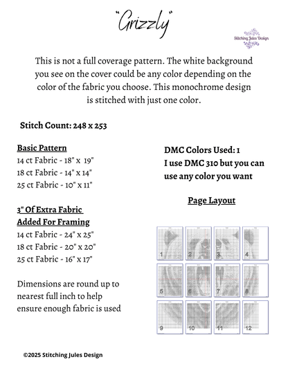 Stitching Jules Design Cross Stitch Pattern Grizzly Bear Wildlife Animal Monochrome Counted Cross Stitch Pattern Digital Download