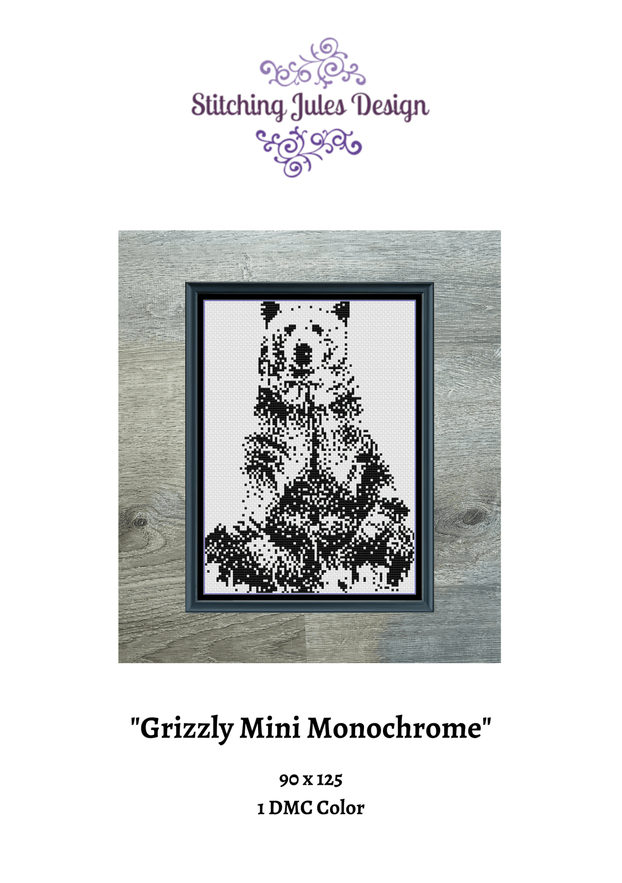 Stitching Jules Design Cross Stitch Pattern Grizzly Mini Monochrome