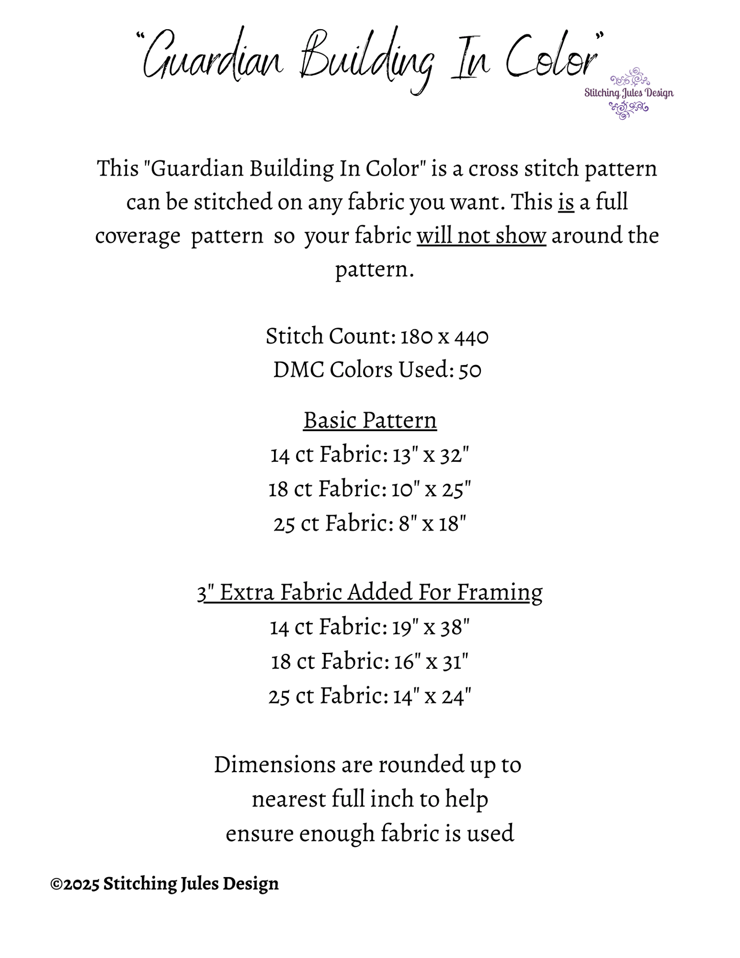 Stitching Jules Design Cross Stitch Pattern Guardian Building Detroit Architecture Full Coverage Large Counted Cross-Stitch Pattern (Digital Download)