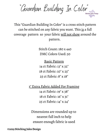 Stitching Jules Design Cross Stitch Pattern Guardian Building Detroit Architecture Full Coverage Large Counted Cross-Stitch Pattern (Digital Download)