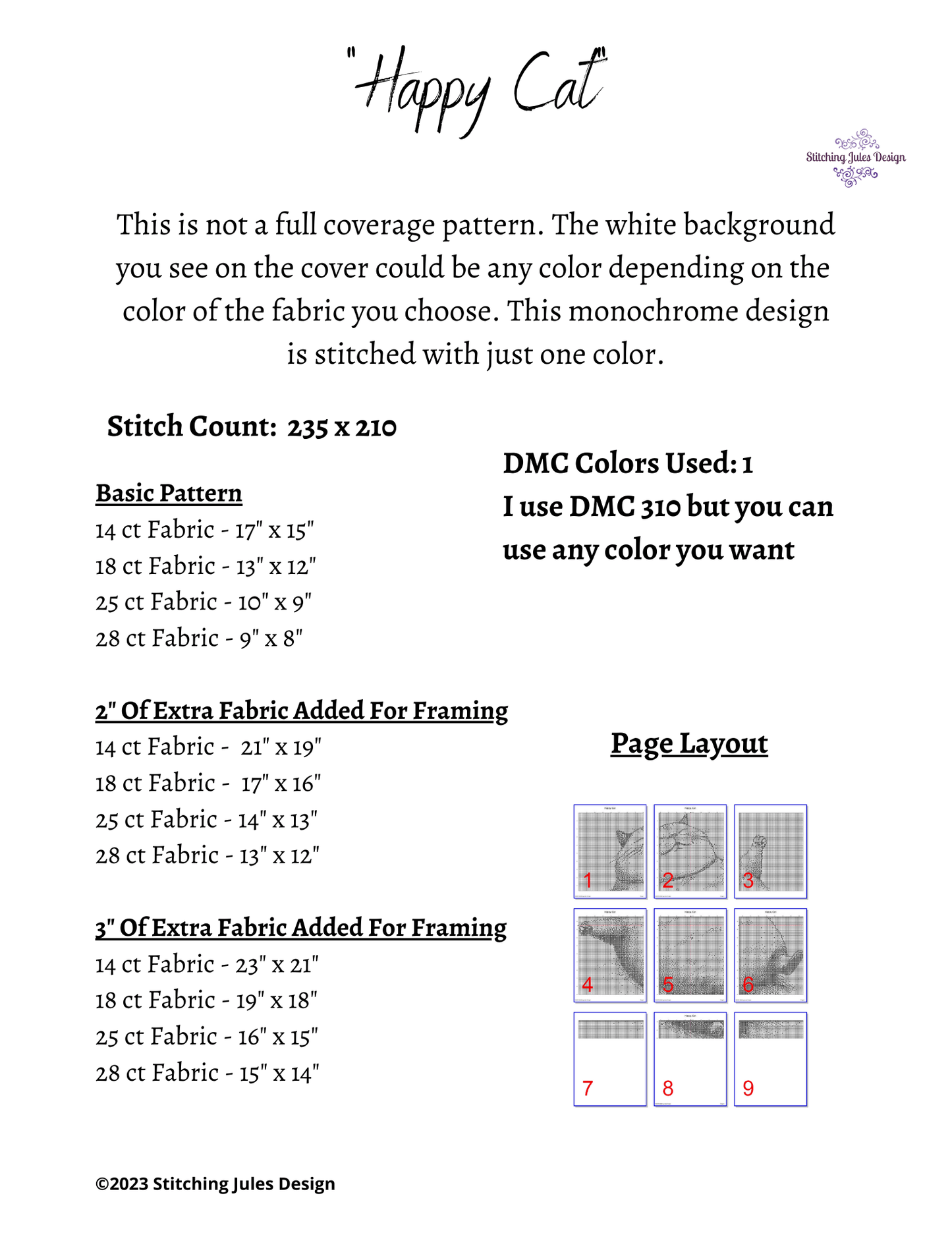 Stitching Jules Design Cross Stitch Pattern Happy Cat Monochrome Blackwork Cross Stitch Pattern Instant PDF Download