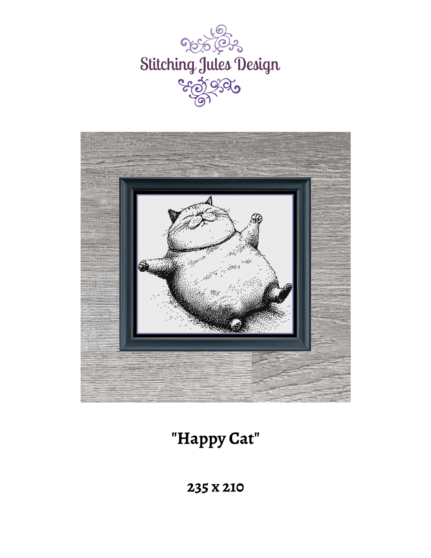 Stitching Jules Design Cross Stitch Pattern Happy Cat Monochrome Blackwork Cross Stitch Pattern Instant PDF Download