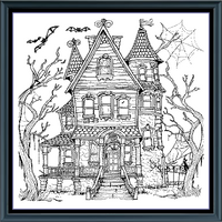 Thumbnail for Stitching Jules Design Cross Stitch Pattern Haunted House Halloween Scary Spooky Monochrome Blackwork Counted Cross Stitch Digital Download