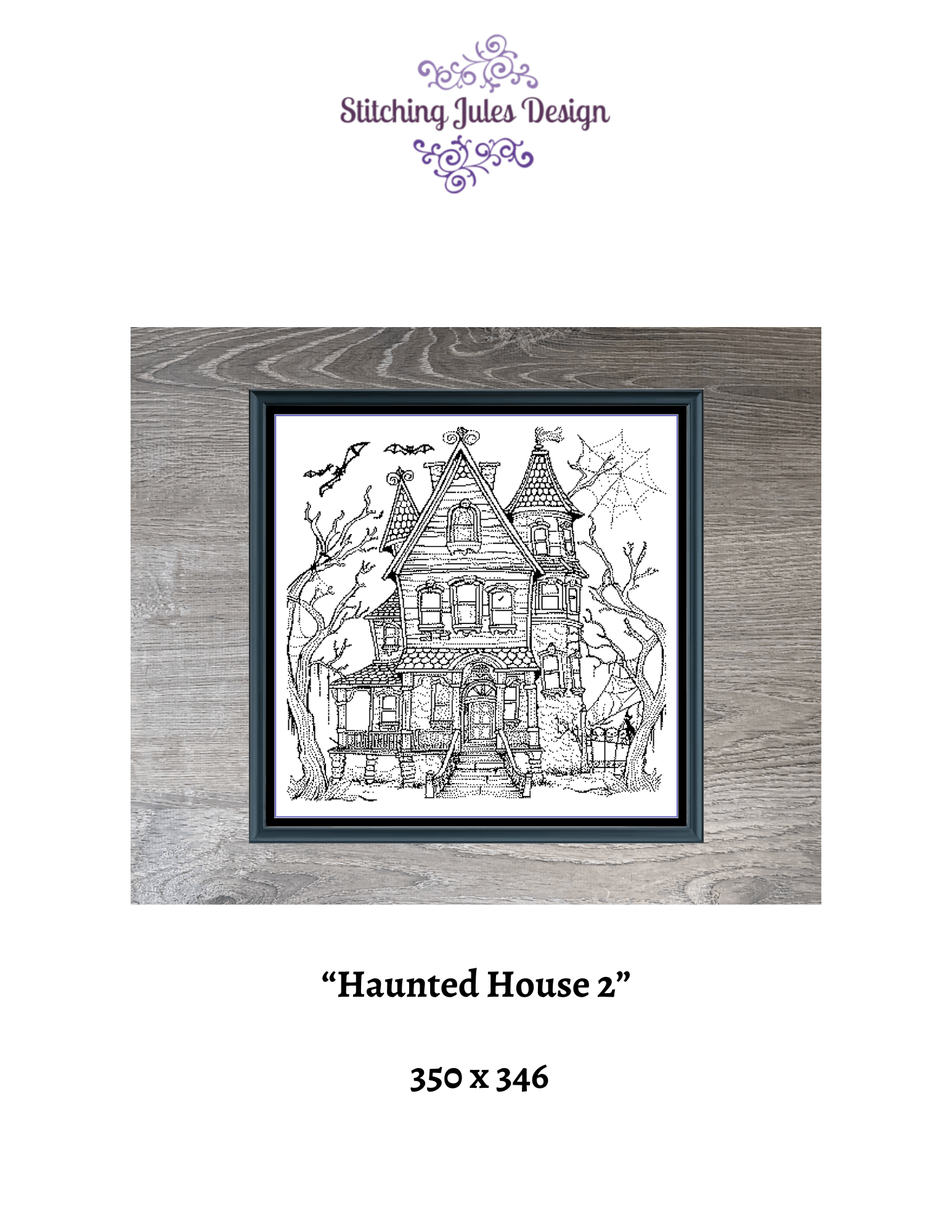 Stitching Jules Design Cross Stitch Pattern Haunted House Halloween Scary Spooky Monochrome Blackwork Counted Cross Stitch Digital Download