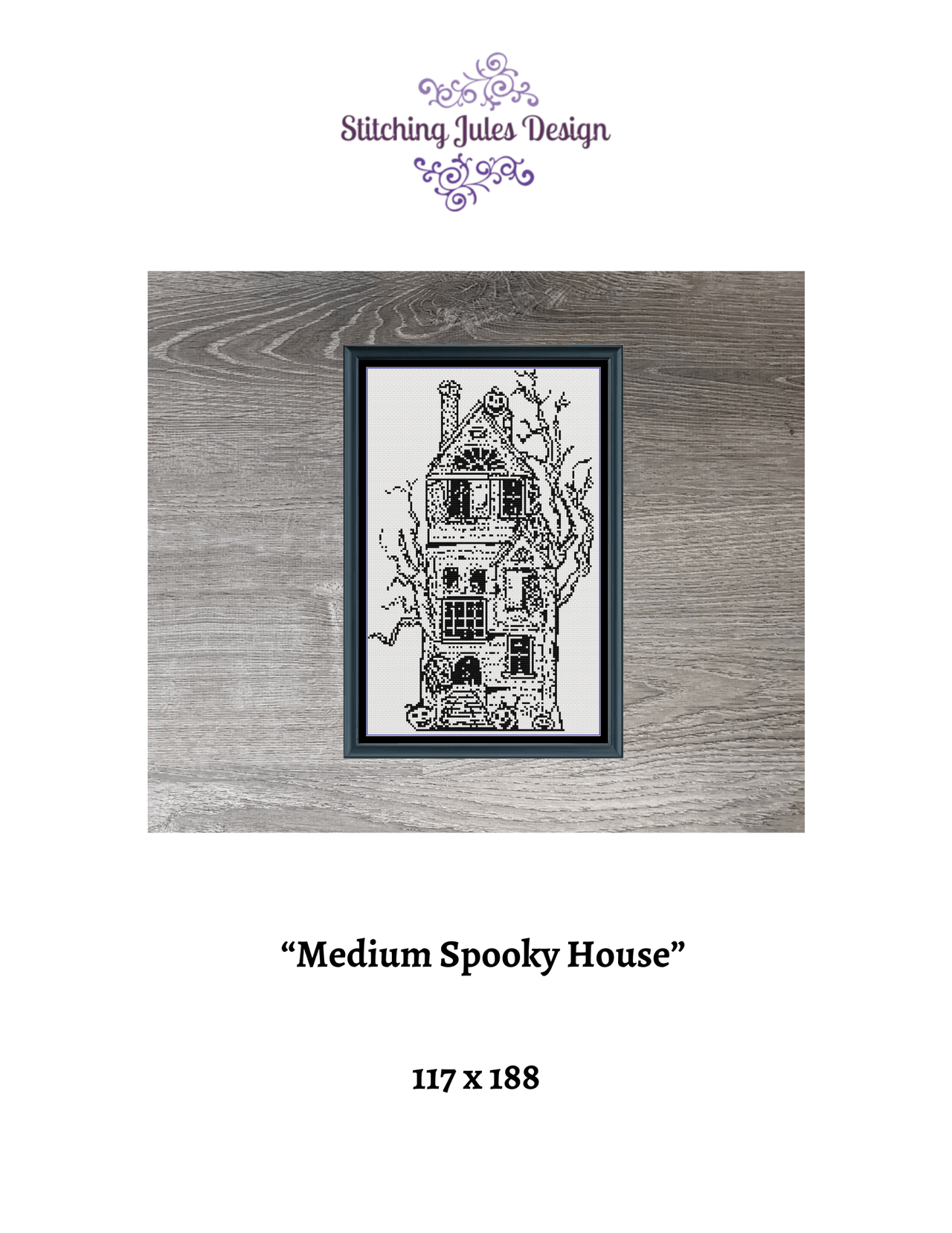 Stitching Jules Design Cross Stitch Pattern Haunted Spooky Halloween House Medium Monochrome Counted Cross-Stitch Pattern | Instant Download PDF