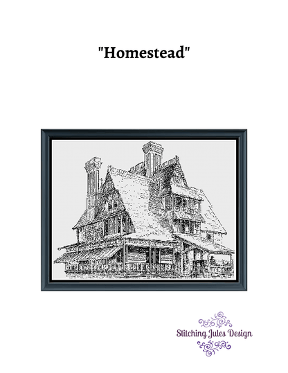Stitching Jules Design Cross Stitch Pattern Homestead Vintage House Monochrome Cross Stitch Embroidery Needlepoint Pattern PDF Download