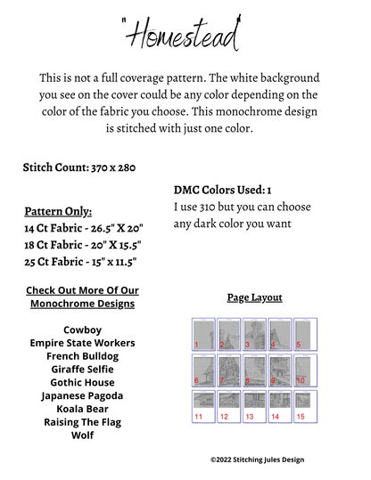 Stitching Jules Design Cross Stitch Pattern Homestead Vintage House Monochrome Cross Stitch Embroidery Needlepoint Pattern PDF Download