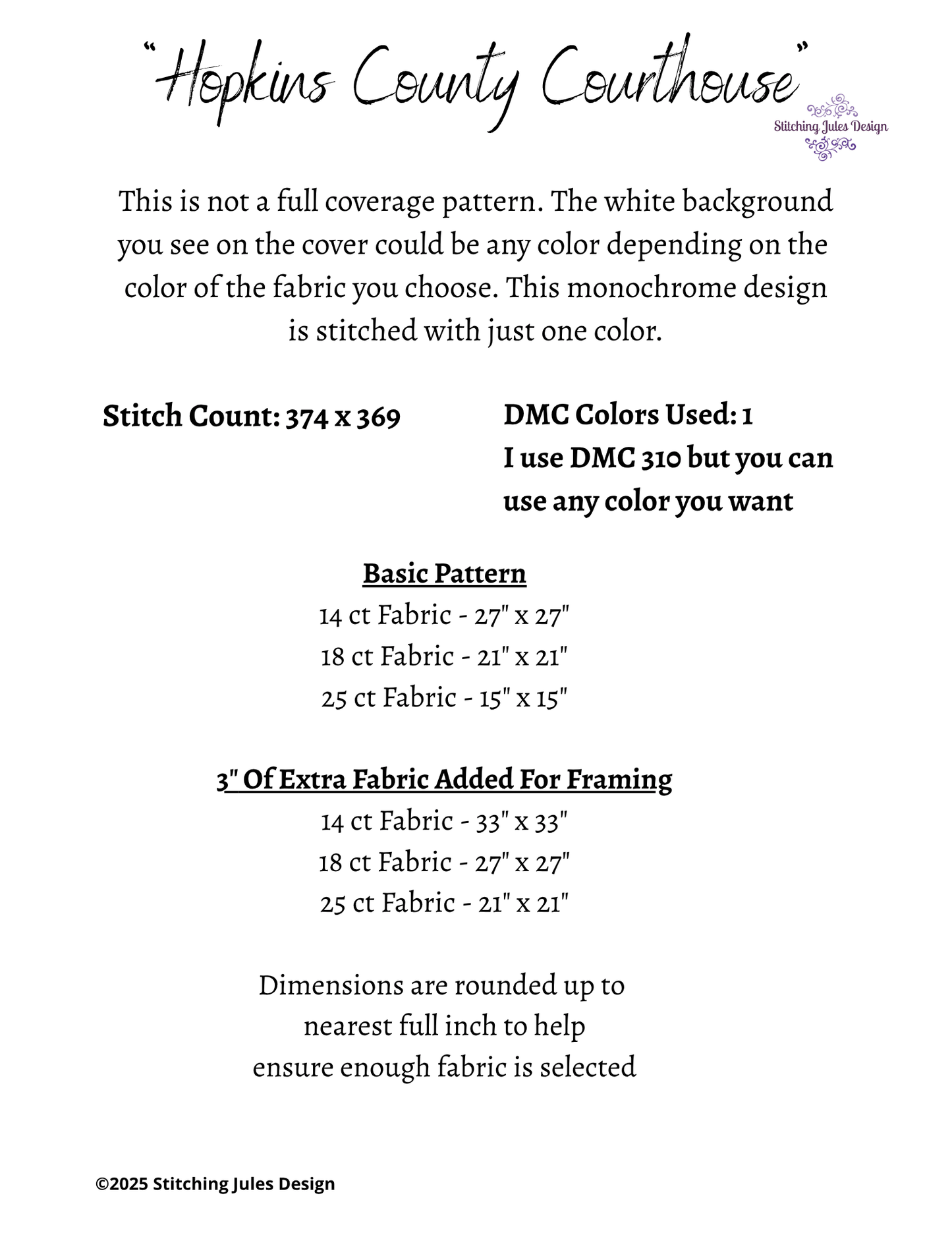 Stitching Jules Design Cross Stitch Pattern Hopkins County Courthouse Building Architecture Monochrome Counted Cross-Stitch Pattern (Digital Download)
