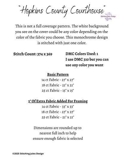 Stitching Jules Design Cross Stitch Pattern Hopkins County Courthouse Building Architecture Monochrome Counted Cross-Stitch Pattern (Digital Download)