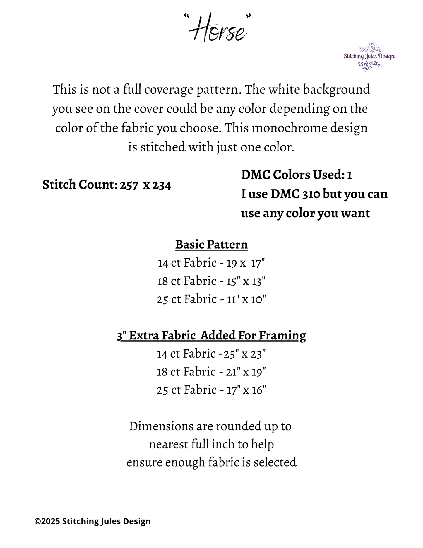 Stitching Jules Design Cross Stitch Pattern Horse Equine Head Animal Monochrome Counted Cross-Stitch Pattern (Digital Download)