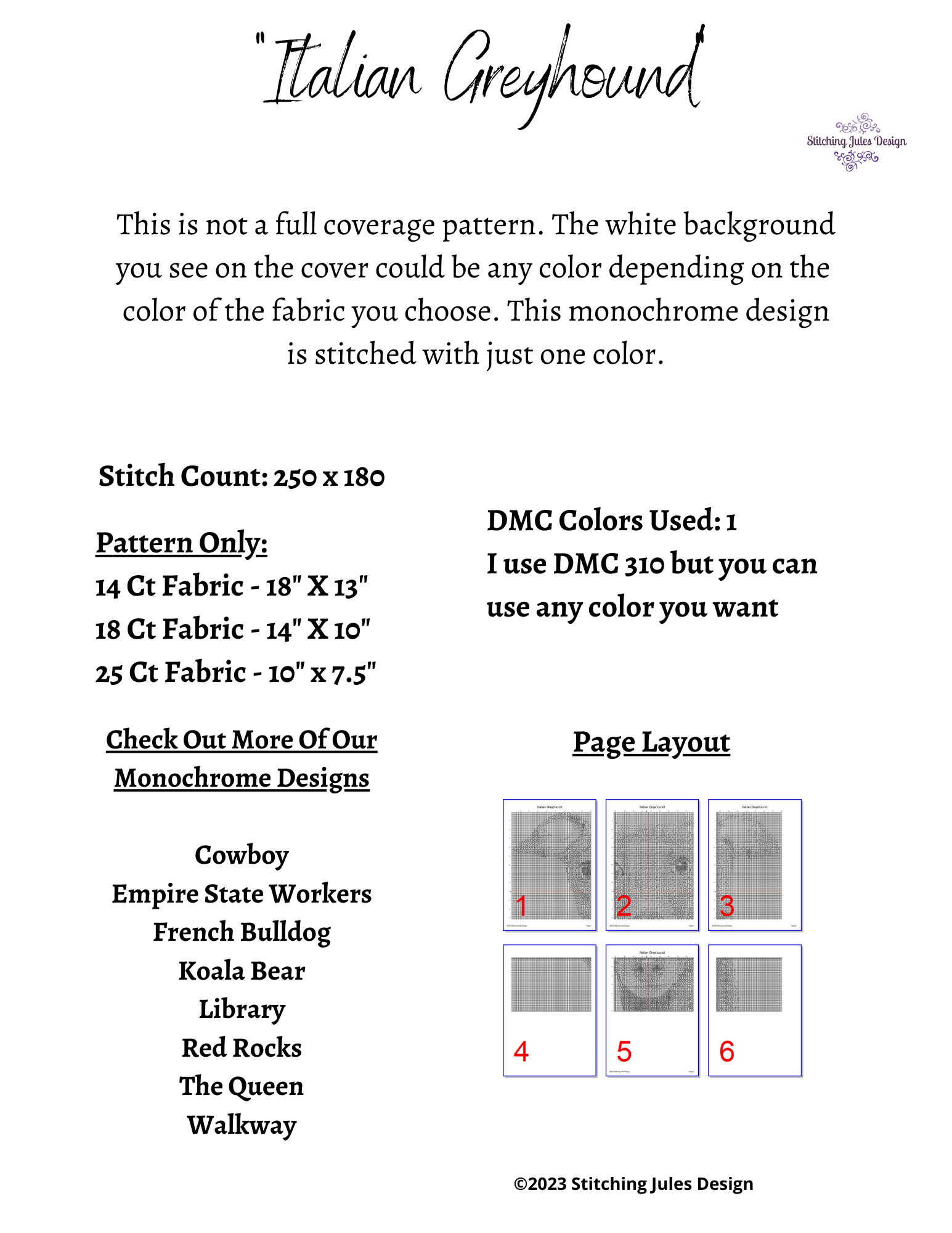 Stitching Jules Design Cross Stitch Pattern Italian Greyhound Cross Stitch Pattern | Dog Cross Stitch Pattern | Physical And Digital PDF Download Pattern Options