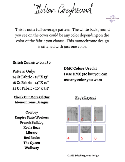 Stitching Jules Design Cross Stitch Pattern Italian Greyhound Cross Stitch Pattern | Dog Cross Stitch Pattern | Physical And Digital PDF Download Pattern Options
