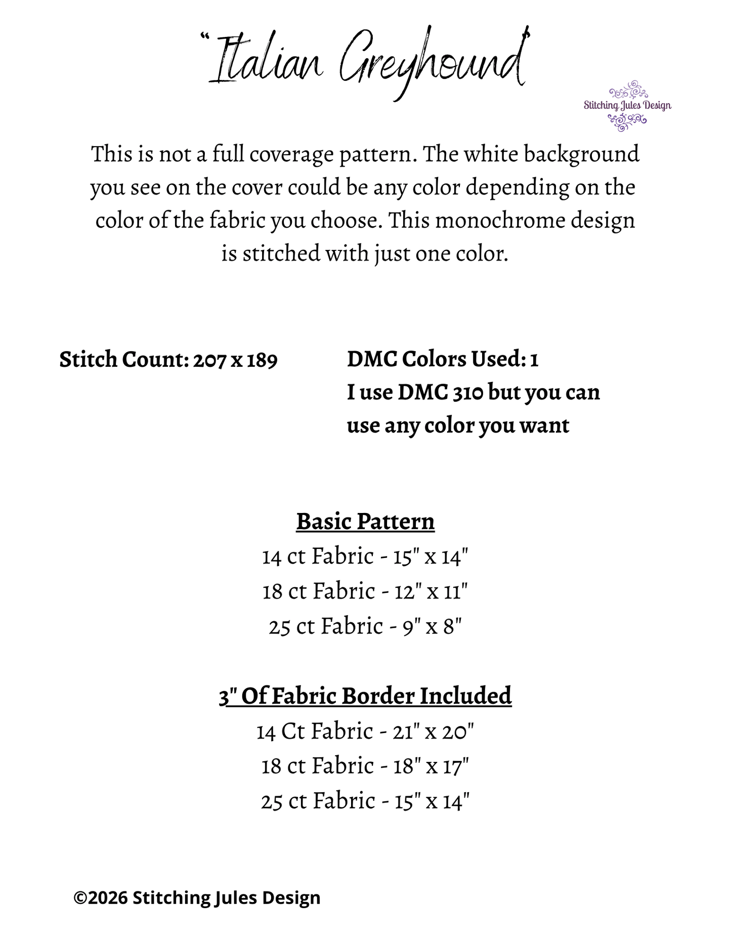 Stitching Jules Design Cross Stitch Pattern Italian Greyhound Dog Breed Monochrome Counted Cross-Stitch Pattern (Digital Download)