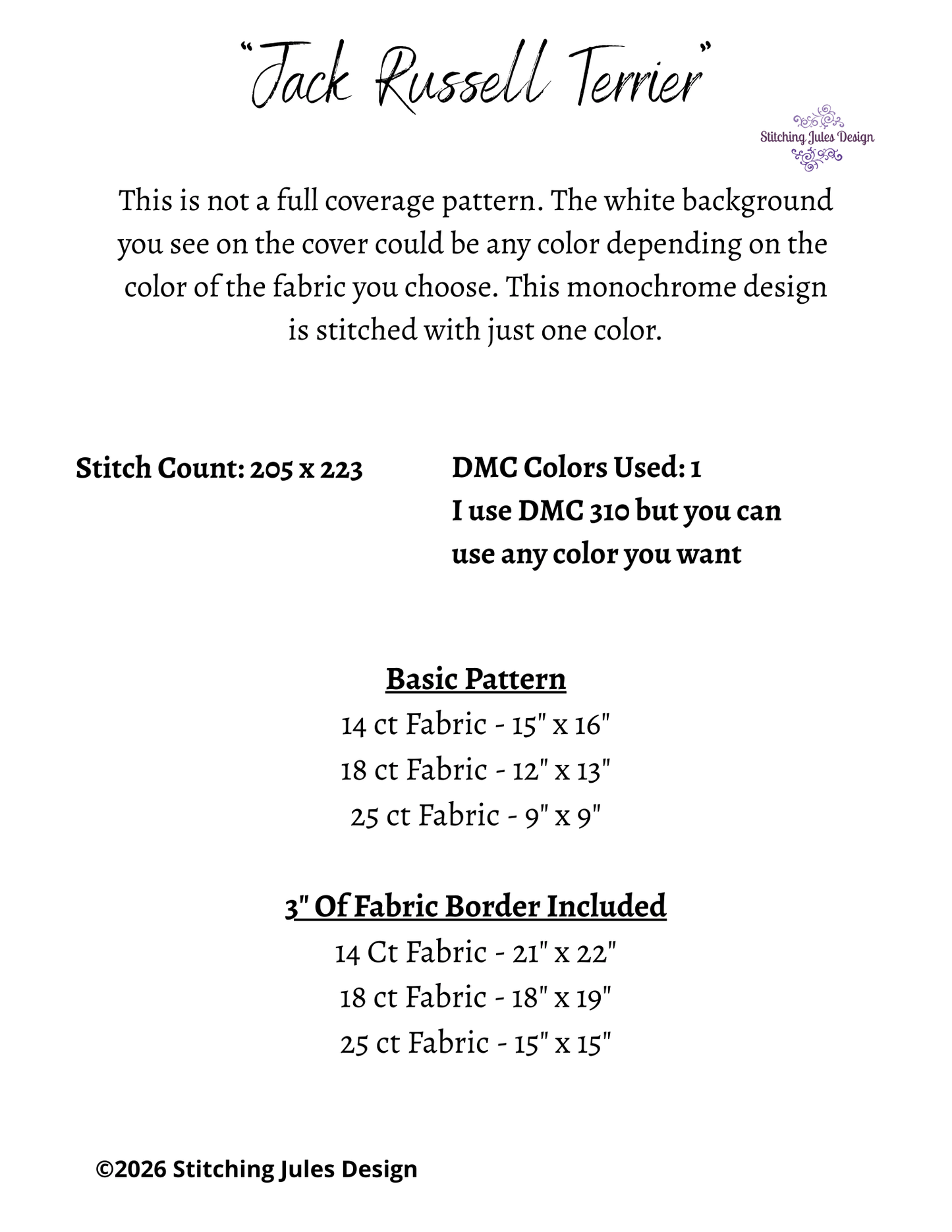 Stitching Jules Design Cross Stitch Pattern Jack Russell Terrier Dog Breed Monochrome Counted Cross-Stitch Pattern (Digital Download)