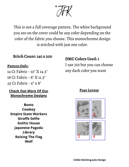 Stitching Jules Design Cross Stitch Pattern JFK President American History Kennedy Cross Stitch Embroidery Needlepoint Pattern | PDF Digital Download