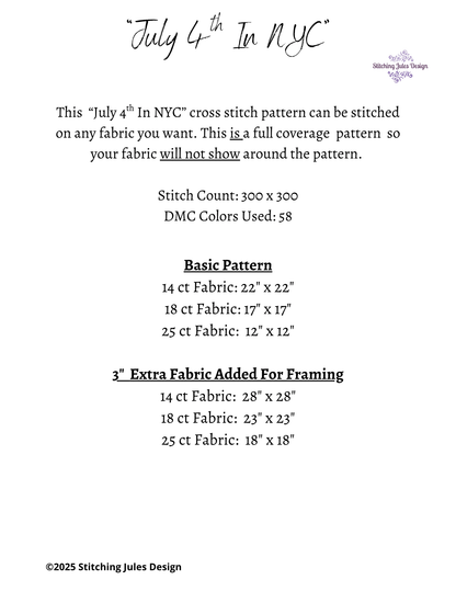 Stitching Jules Design Cross Stitch Pattern July 4th New York City Painting Artistic Americana Full Coverage Counted Cross Stitch Pattern Digital Download
