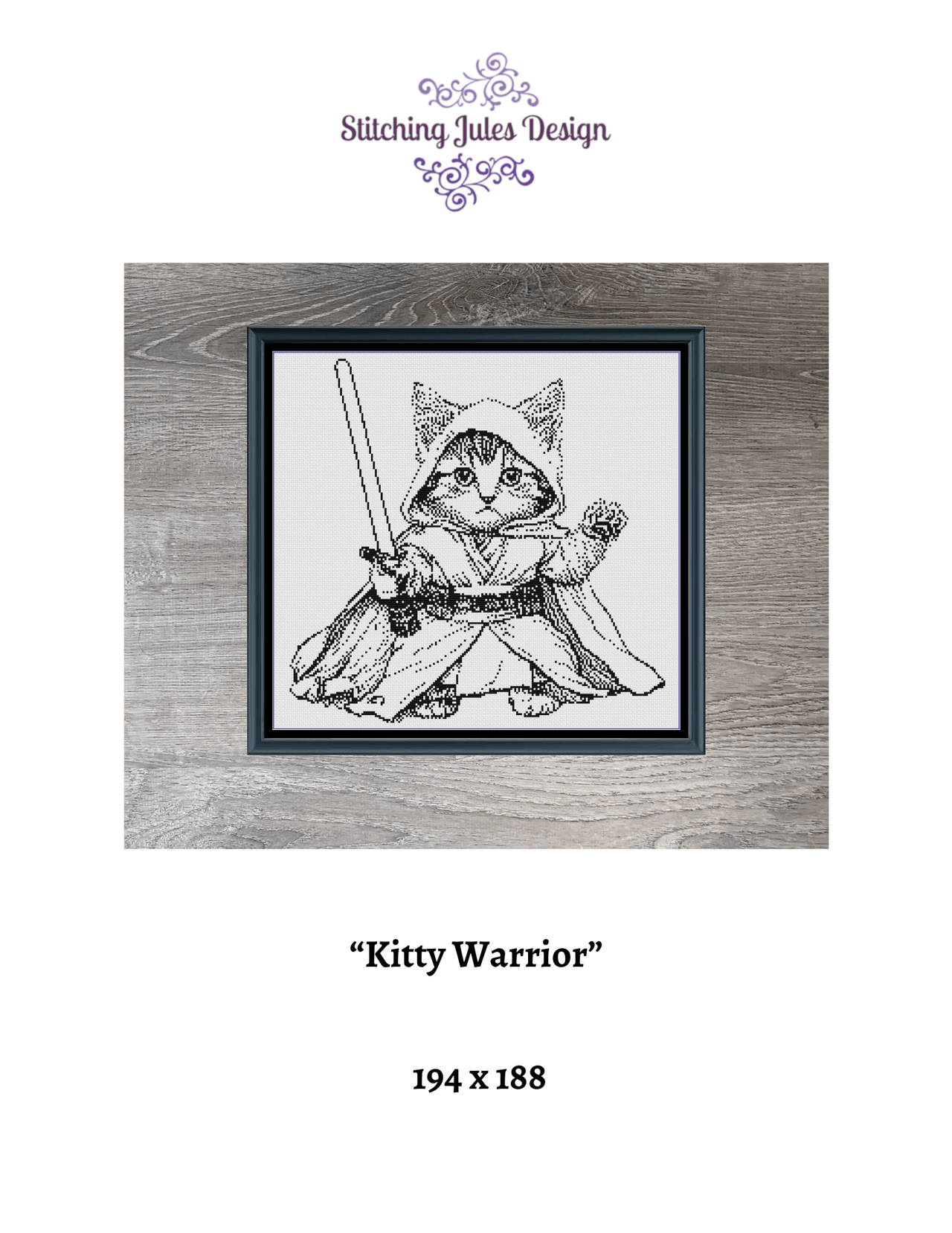 Stitching Jules Design Cross Stitch Pattern Kitten Cat Warrior Fantasy Funny Cool Monochrome Blackwork Counted Cross Stitch Pattern | Digital Download