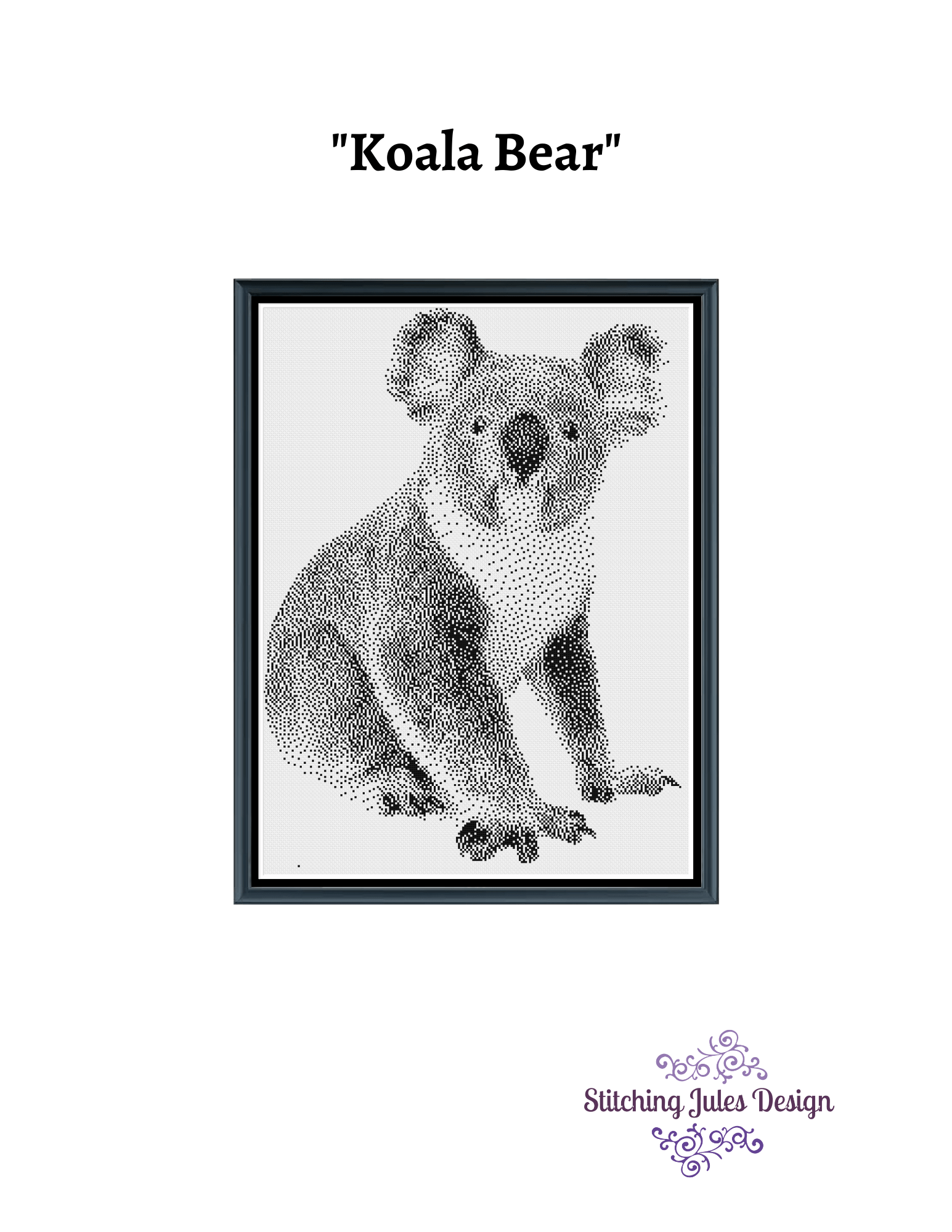 Stitching Jules Design Cross Stitch Pattern Koala Bear Animal Wildlife Monochrome Cross Stitch Embroidery Needlepoint Pattern PDF Download