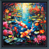 Thumbnail for Stitching Jules Design Cross Stitch Pattern Koi Pond Asian Landscape Full Coverage Stained Glass Counted Cross Stitch Digital Download