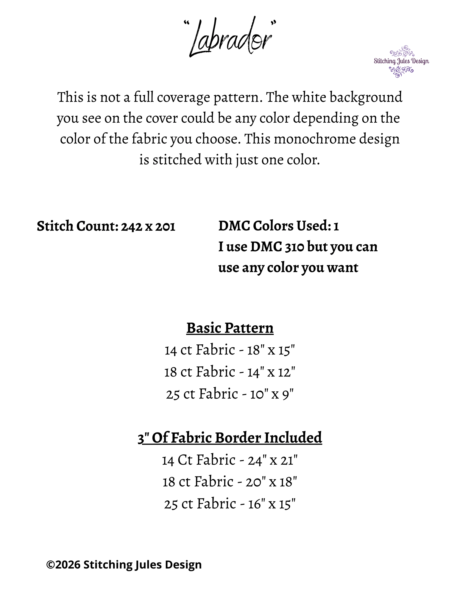 Stitching Jules Design Cross Stitch Pattern Labrador Retriever Dog Breed Monochrome Counted Cross-Stitch Pattern (Digital Download)