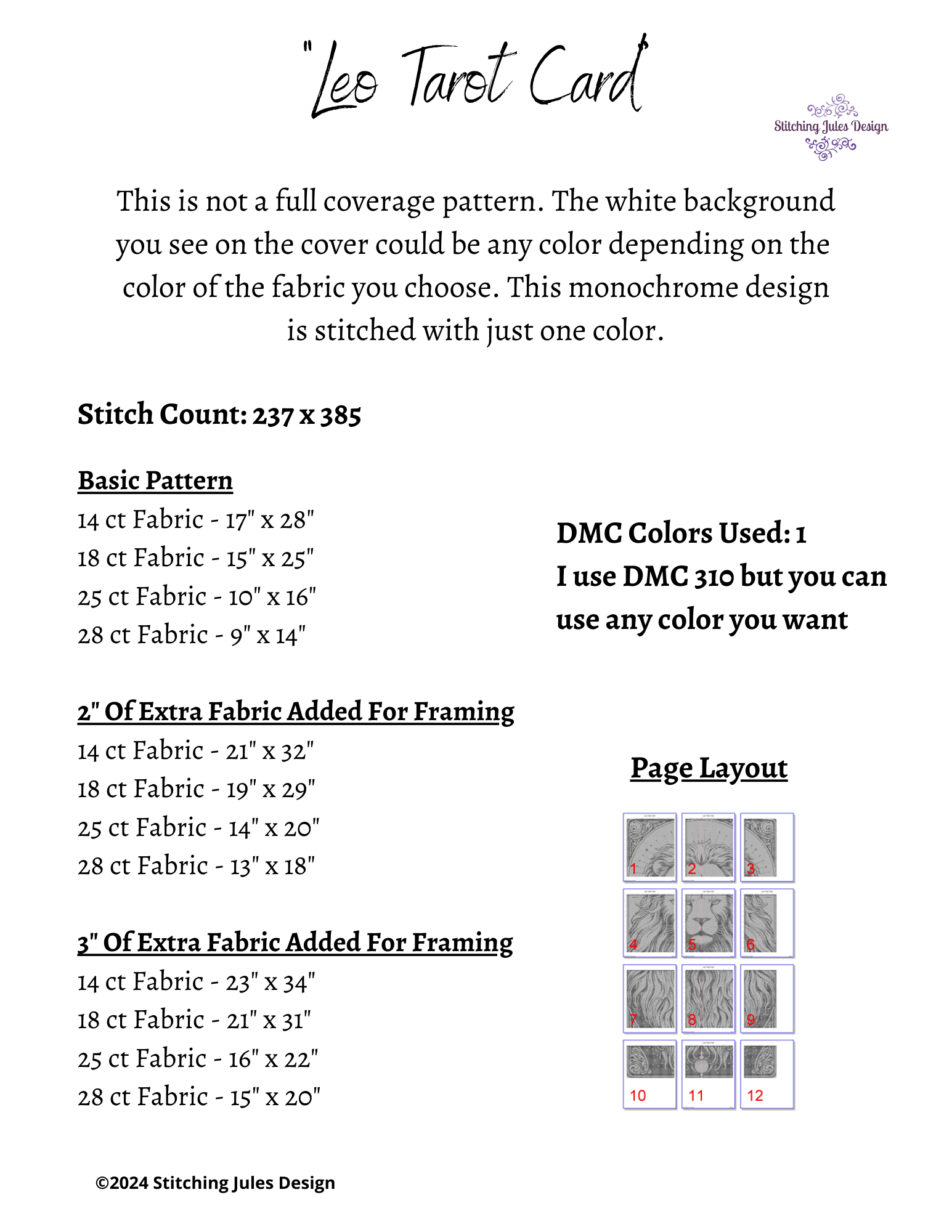 Stitching Jules Design Cross Stitch Pattern Leo Tarot Card Counted Cross Stitch Pattern | Lion Cross Stitch | Monochrome Blackwork | Instant Download PDF