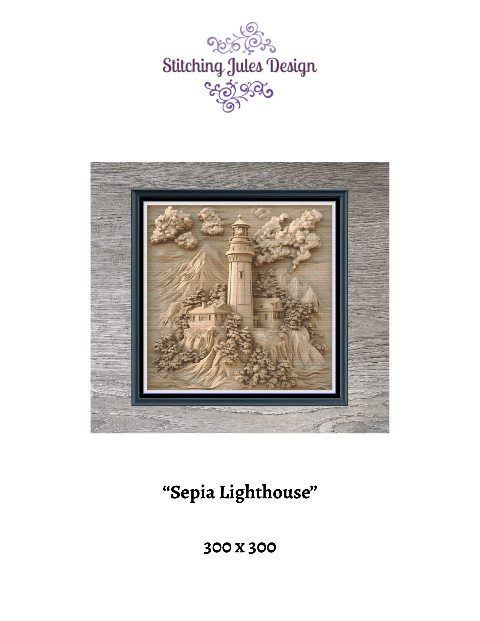 Stitching Jules Design Cross Stitch Pattern Lighthouse Sepia Full Coverage Large Counted Cross Stitch Pattern (Digital Download)