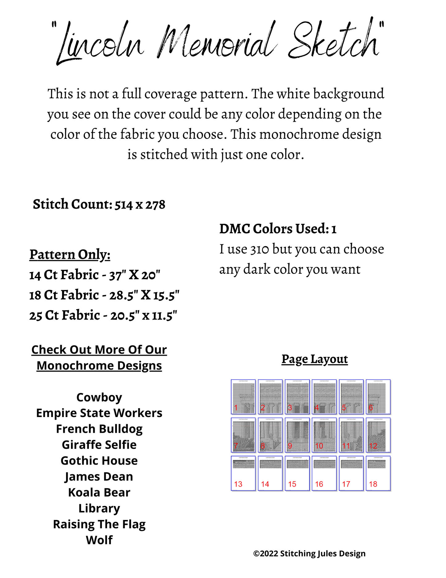 Stitching Jules Design Cross Stitch Pattern Lincoln Memorial Sketch Monochrome Cross Stitch Embroidery Needlepoint Pattern PDF Instant Download