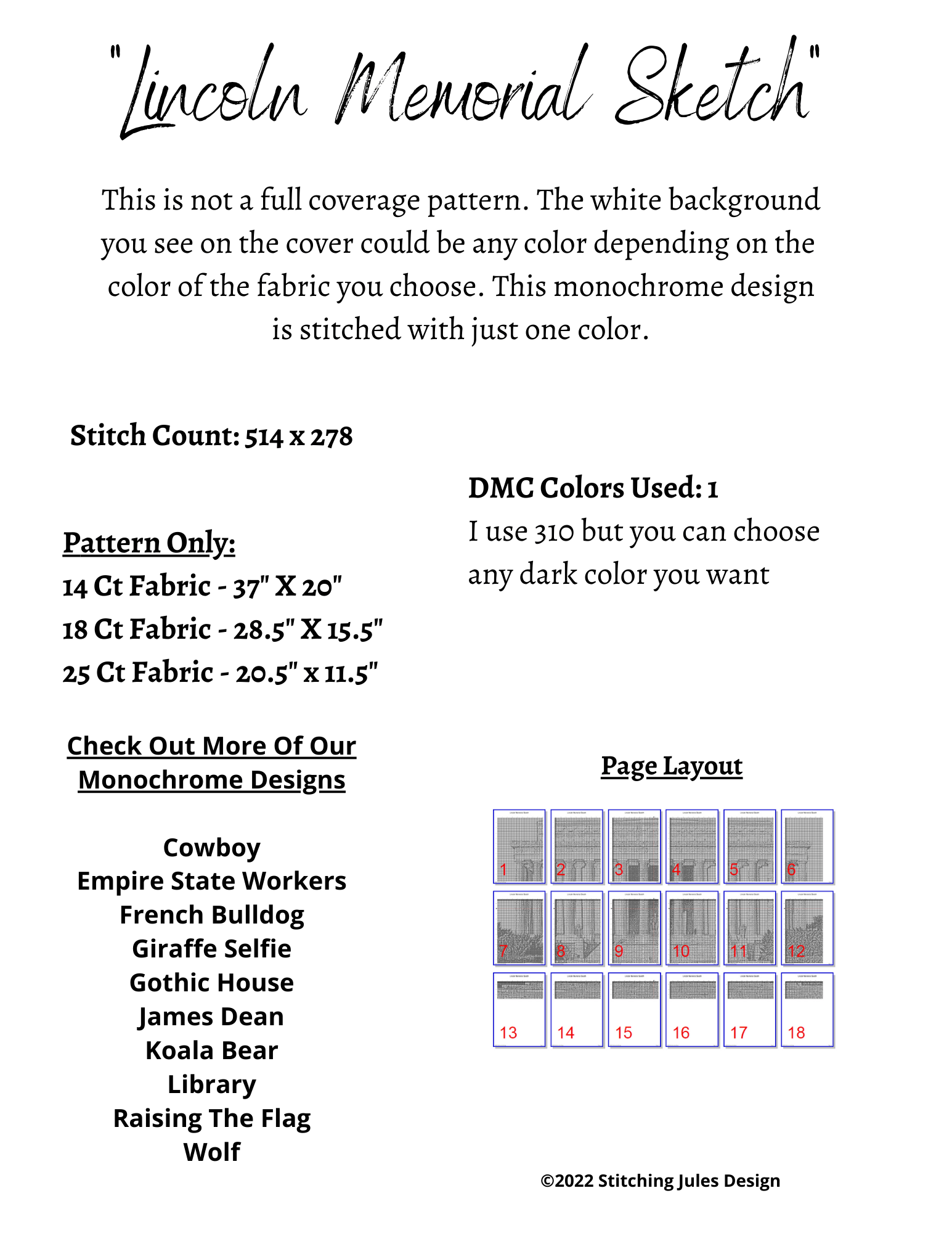 Stitching Jules Design Cross Stitch Pattern Lincoln Memorial Sketch Monochrome Cross Stitch Embroidery Needlepoint Pattern PDF Instant Download